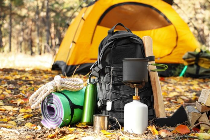 Camping Gear in front of yellow tent